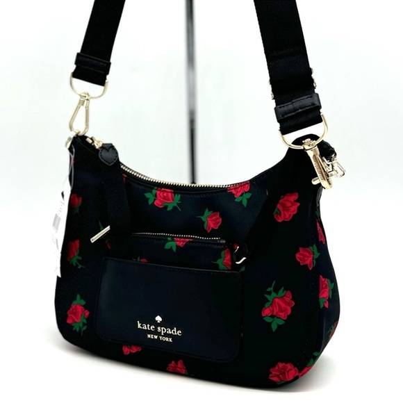 Kate Spade Chelsea Rose Toss Crossbody Bag & Coin Purse Black Multi Rose - Picture 3 of 12